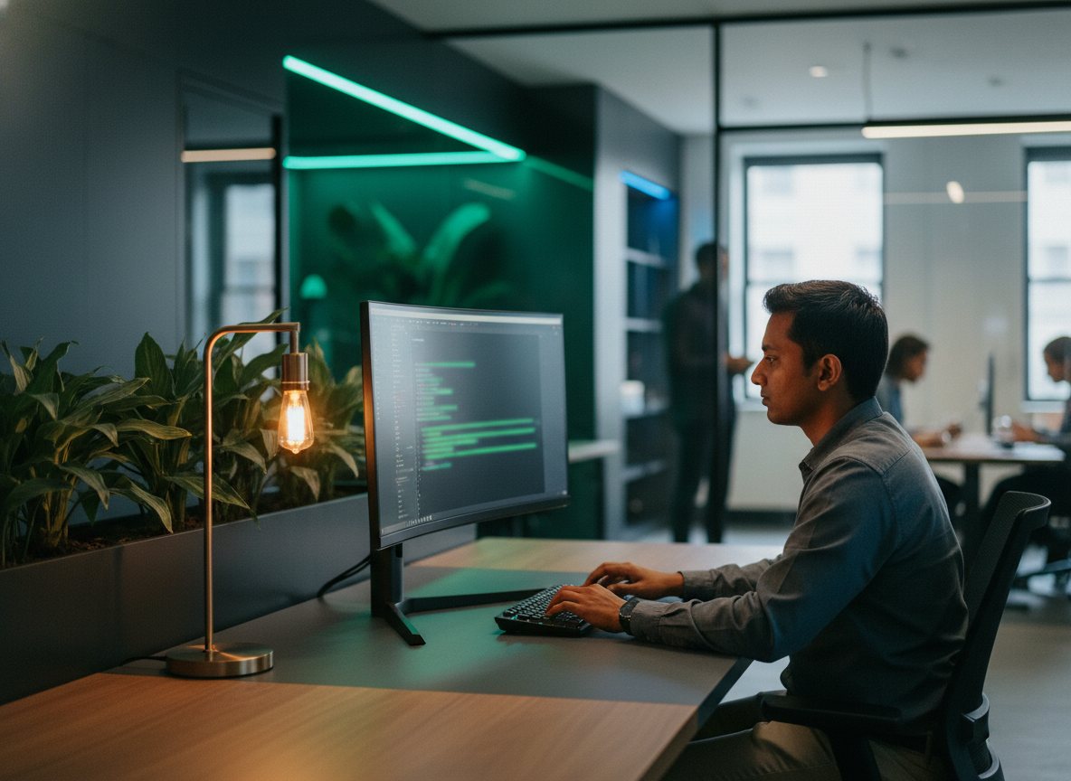 A focused software developer working at a modern workstation with code on screen.