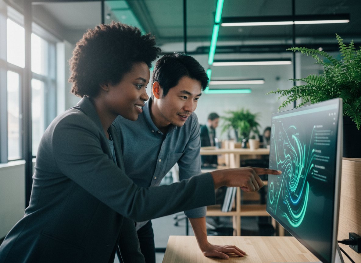 Two technology professionals reviewing work together at a screen in a bright office.