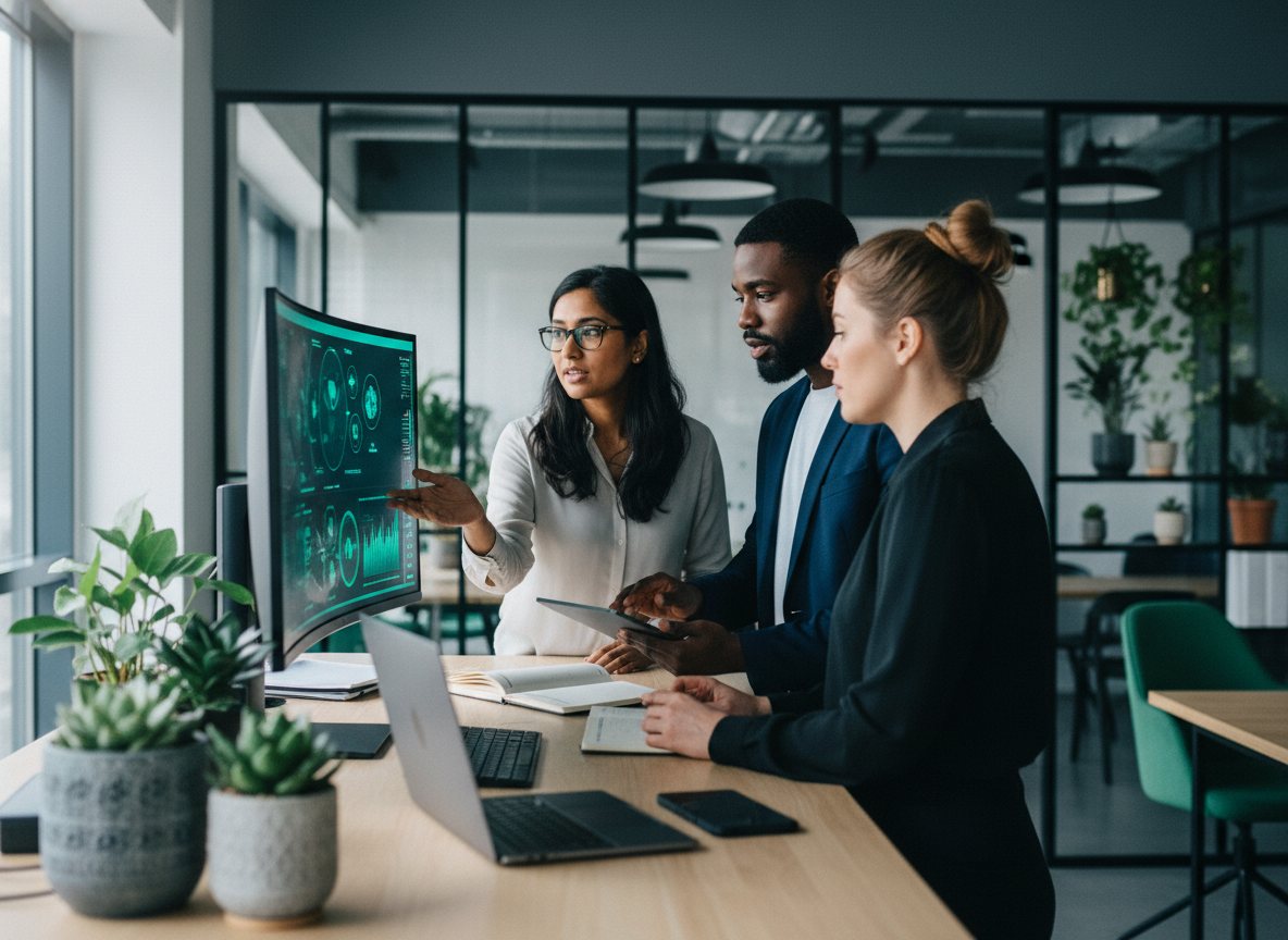 A diverse team of technology professionals collaborating in a modern open office.